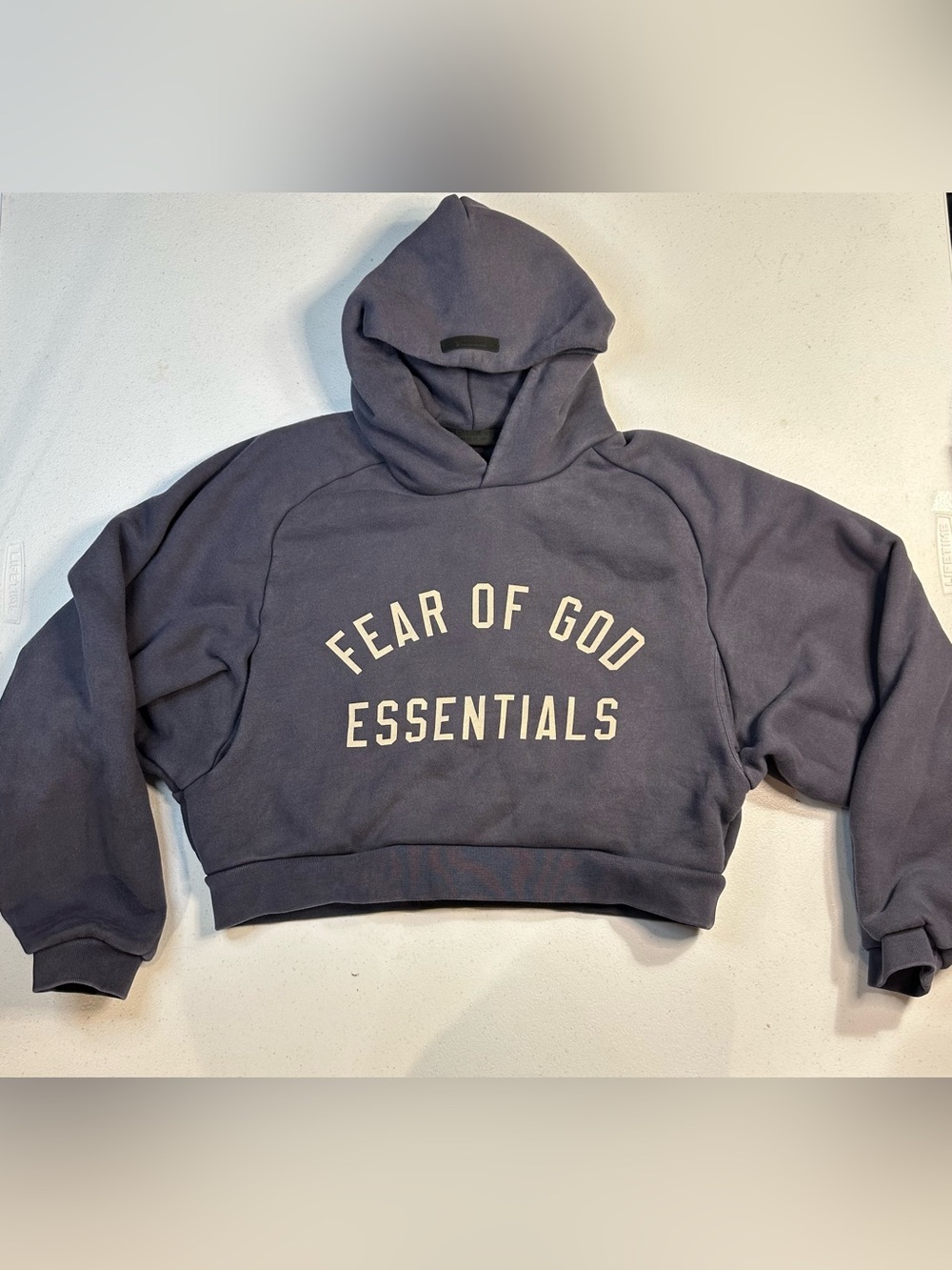 Fear of God Essentials Cropped Hoodie Navy Blue Arc Logo Sweatshirt Womens M